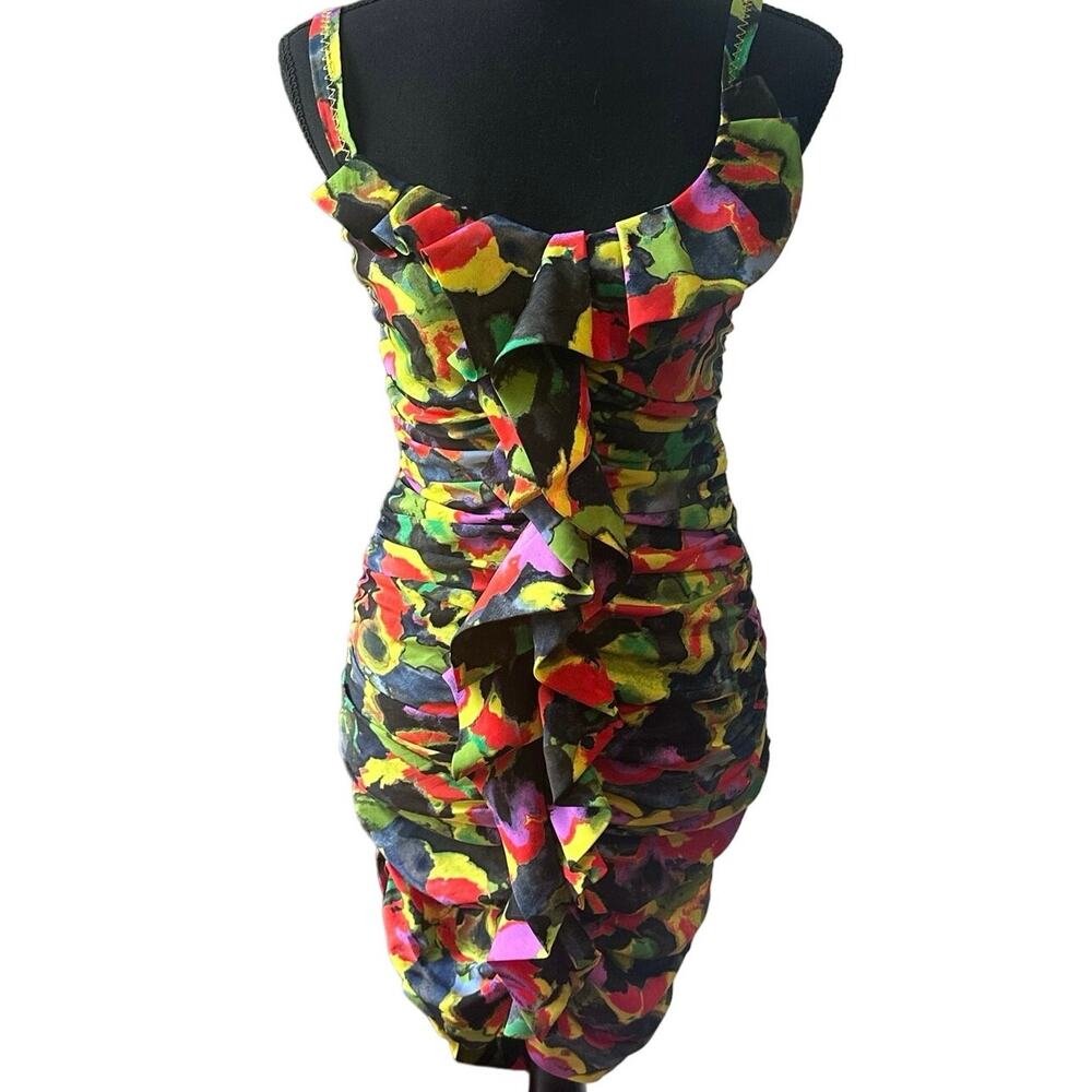 Rachel Roy MULTICOLOR ABSTRACT Sleeveless Bodycon Ruched PARTY Mini Dress SZ. 0
